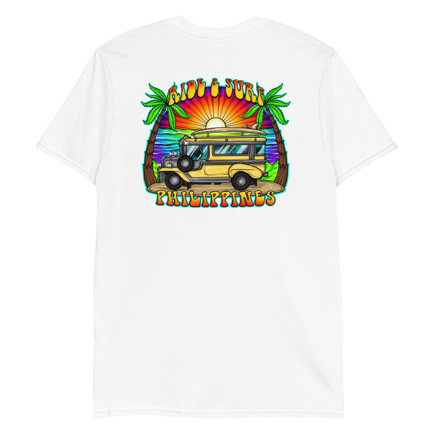 Ride &amp; Surf Philippinen – Goldener Jeepney – Kurzärmeliges Unisex-T-Shirt